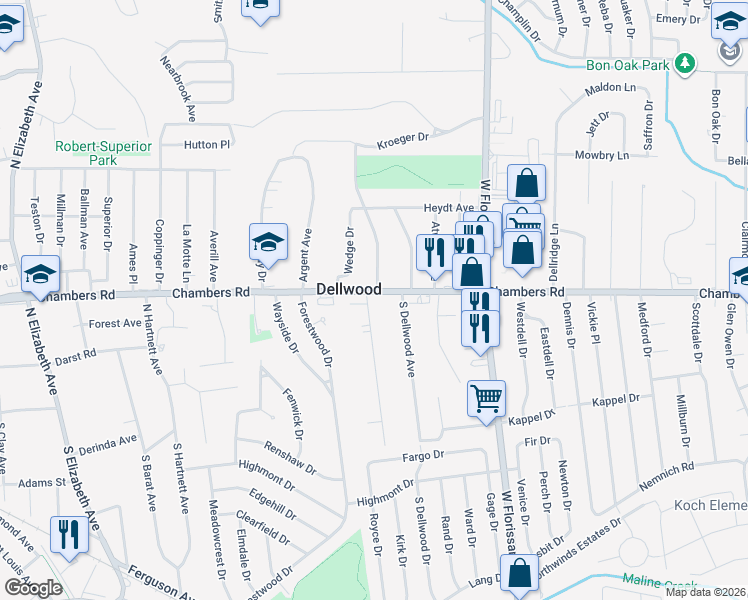 map of restaurants, bars, coffee shops, grocery stores, and more near in Dellwood
