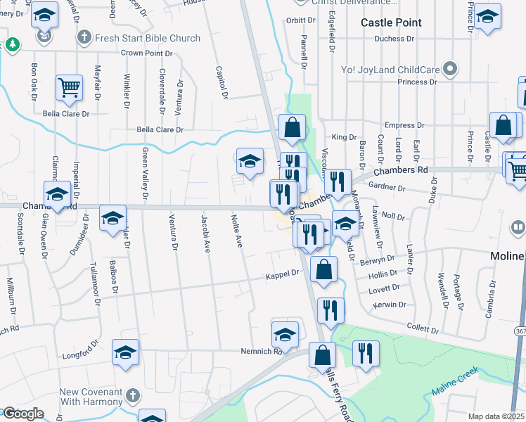 map of restaurants, bars, coffee shops, grocery stores, and more near 9911 Hobbits Glen Court in Saint Louis