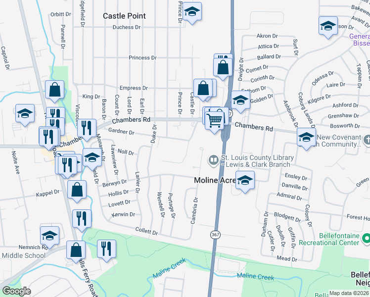 map of restaurants, bars, coffee shops, grocery stores, and more near 9925 Castle Drive in St. Louis