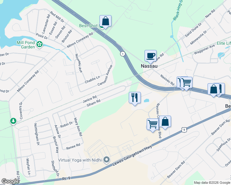map of restaurants, bars, coffee shops, grocery stores, and more near 32020 Janice Road in Lewes