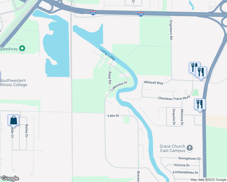 map of restaurants, bars, coffee shops, grocery stores, and more near 5004 Lakeview Drive in Granite City