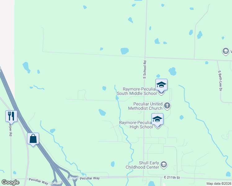 map of restaurants, bars, coffee shops, grocery stores, and more near 11108 East 205th Street in Peculiar