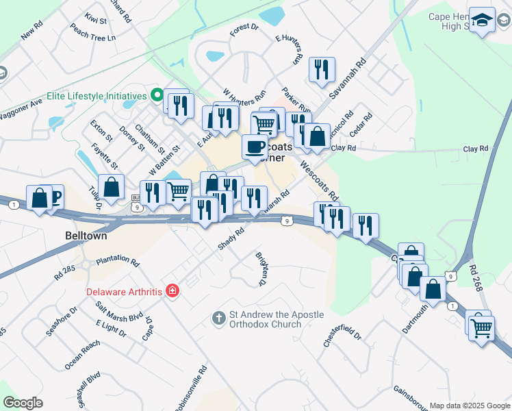 map of restaurants, bars, coffee shops, grocery stores, and more near 17725 Coastal Highway in Lewes