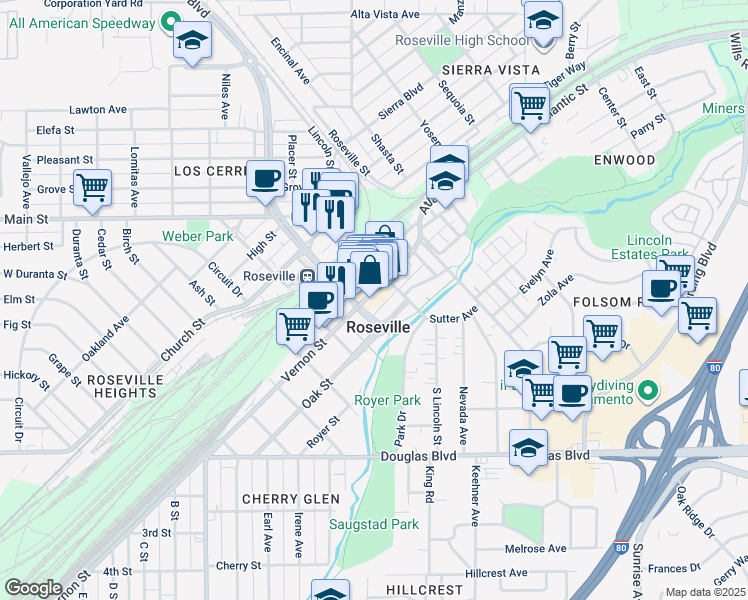 map of restaurants, bars, coffee shops, grocery stores, and more near 220 Vernon Street in Roseville