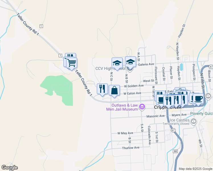 map of restaurants, bars, coffee shops, grocery stores, and more near 413 West Golden Avenue in Cripple Creek