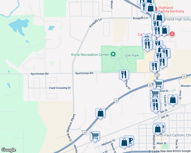 map of restaurants, bars, coffee shops, grocery stores, and more near 5 Crown Pointe Boulevard in Highland