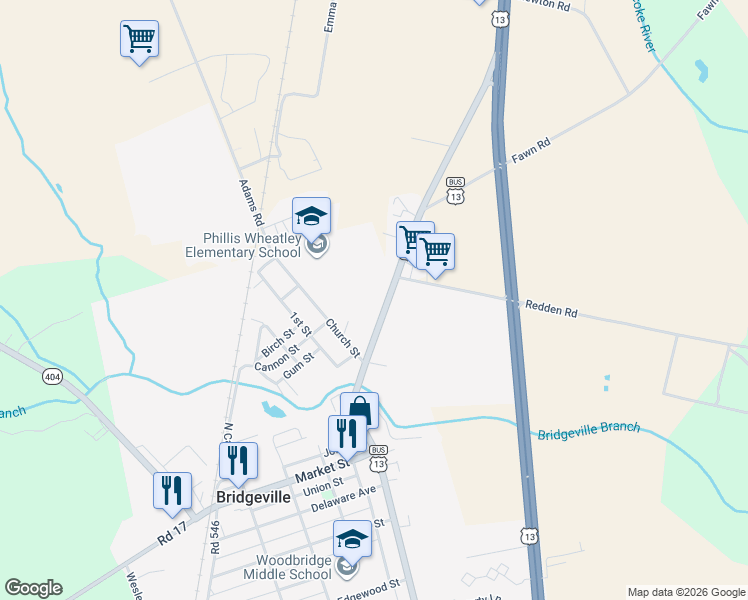 map of restaurants, bars, coffee shops, grocery stores, and more near 214 North Main Street in Bridgeville