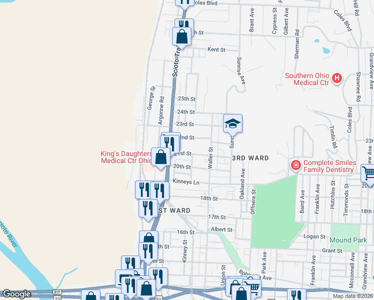 map of restaurants, bars, coffee shops, grocery stores, and more near 1044 22nd Street in Portsmouth
