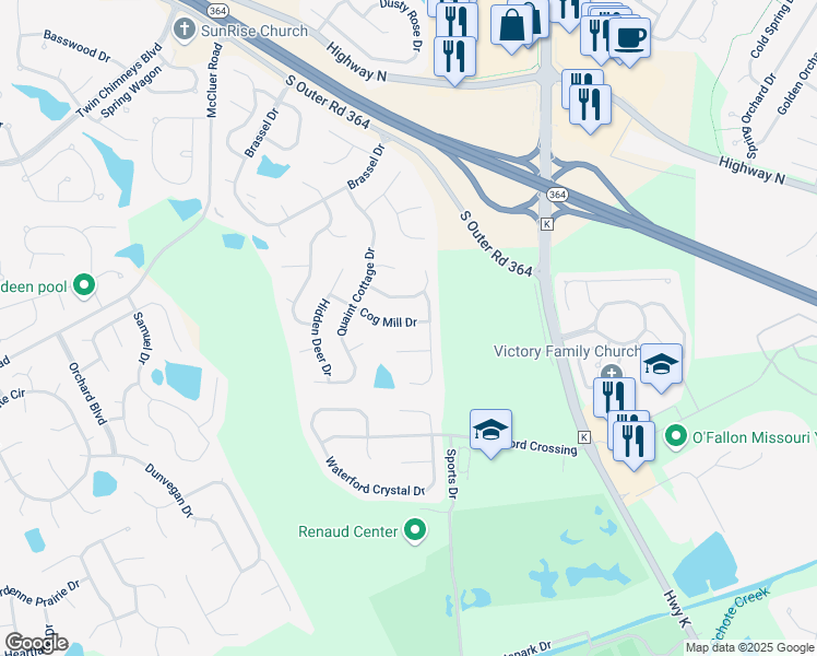 map of restaurants, bars, coffee shops, grocery stores, and more near 6912 Cog Mill Drive in O'Fallon