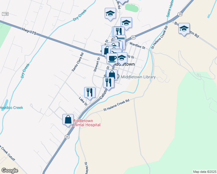 map of restaurants, bars, coffee shops, grocery stores, and more near 21298 Calistoga Road in Middletown