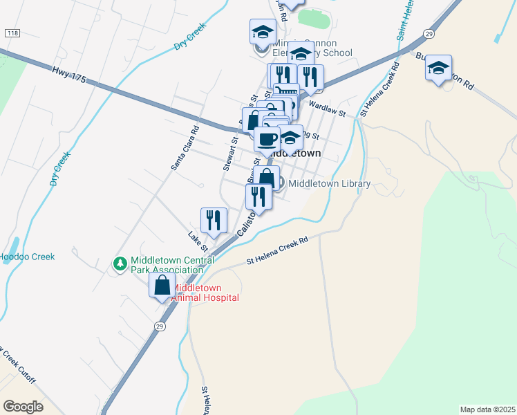 map of restaurants, bars, coffee shops, grocery stores, and more near 21298 Calistoga Road in Middletown