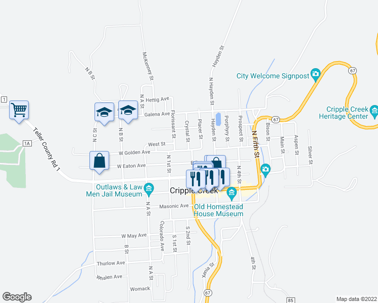 map of restaurants, bars, coffee shops, grocery stores, and more near 319 North 2nd Street in Cripple Creek