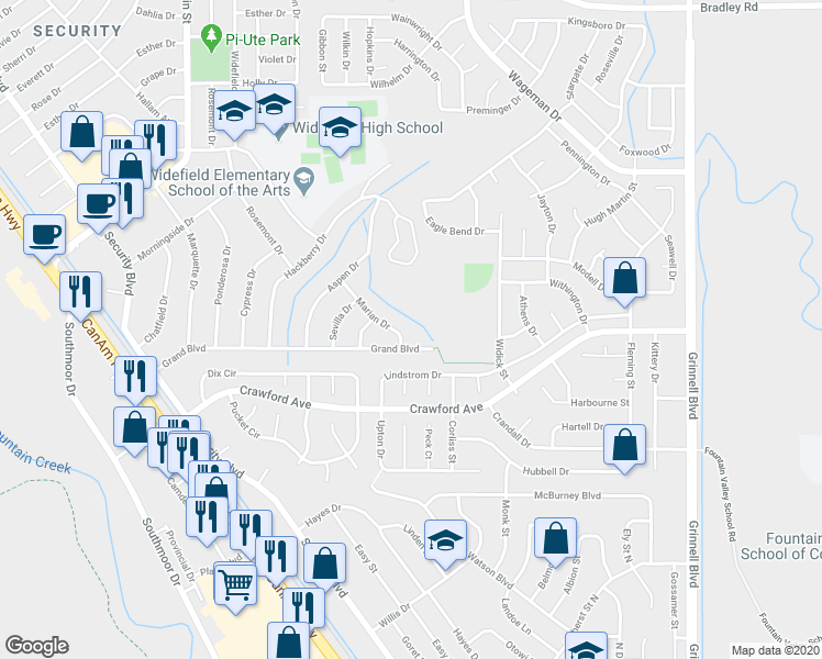 map of restaurants, bars, coffee shops, grocery stores, and more near 407 Marian Drive in Colorado Springs