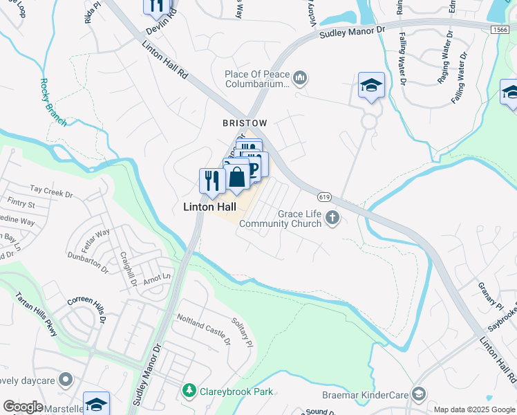 map of restaurants, bars, coffee shops, grocery stores, and more near 9648 Tarvie Circle in Bristow
