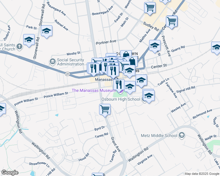 map of restaurants, bars, coffee shops, grocery stores, and more near 9500 Liberty Street in Manassas