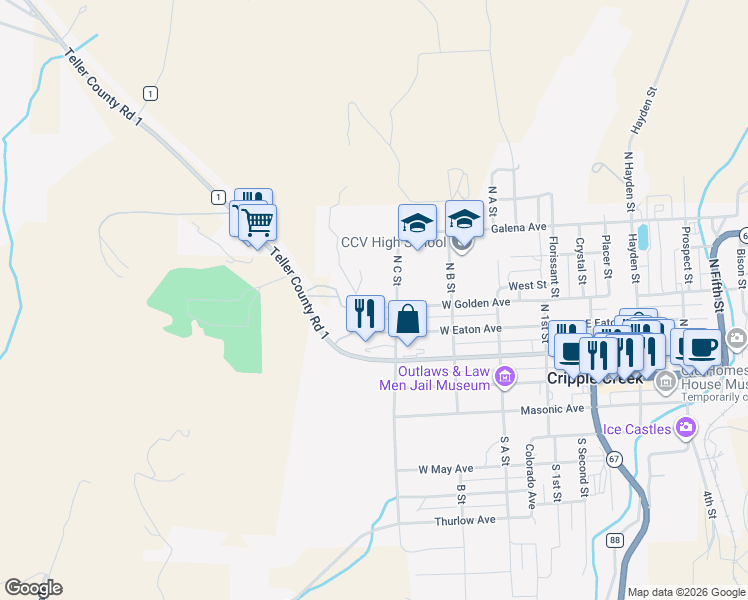 map of restaurants, bars, coffee shops, grocery stores, and more near 413 West Golden Avenue in Cripple Creek