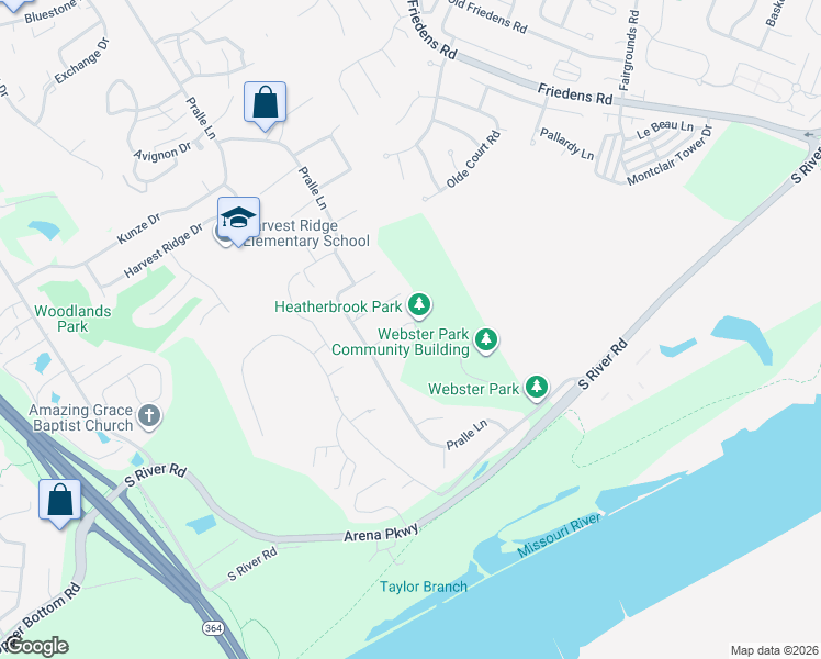 map of restaurants, bars, coffee shops, grocery stores, and more near 130 Wildwood Court in Saint Charles