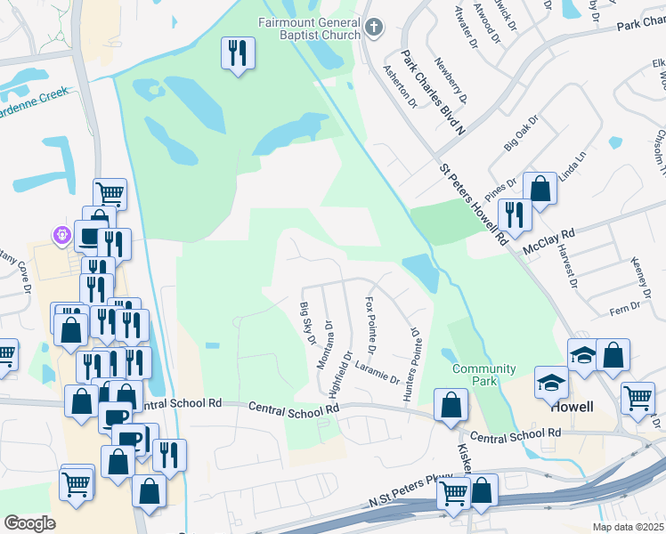 map of restaurants, bars, coffee shops, grocery stores, and more near 603 Highfield Drive in St. Charles