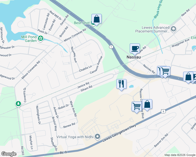 map of restaurants, bars, coffee shops, grocery stores, and more near 31765 Janice Road in Lewes
