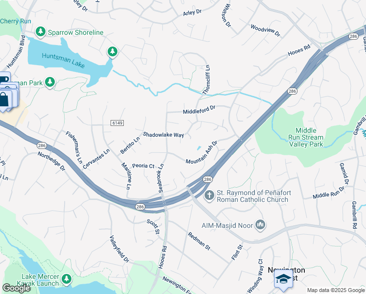 map of restaurants, bars, coffee shops, grocery stores, and more near 7597 Whisperwood Court in Springfield