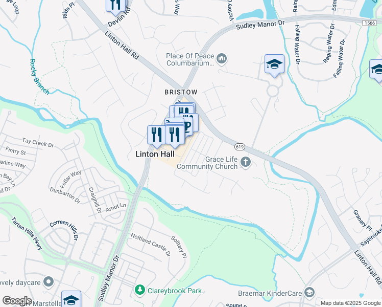 map of restaurants, bars, coffee shops, grocery stores, and more near 9648 Tarvie Circle in Bristow