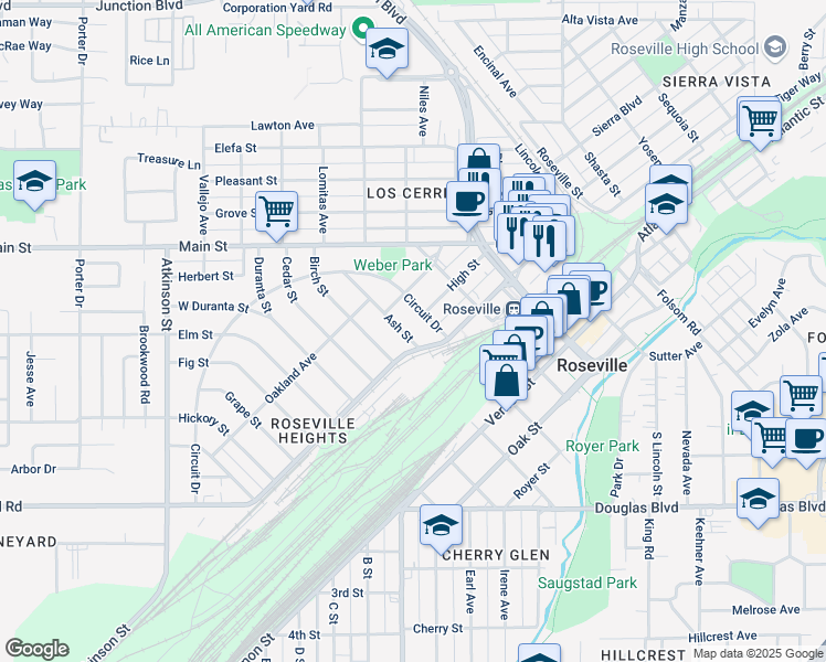 map of restaurants, bars, coffee shops, grocery stores, and more near 114 Ash Street in Roseville