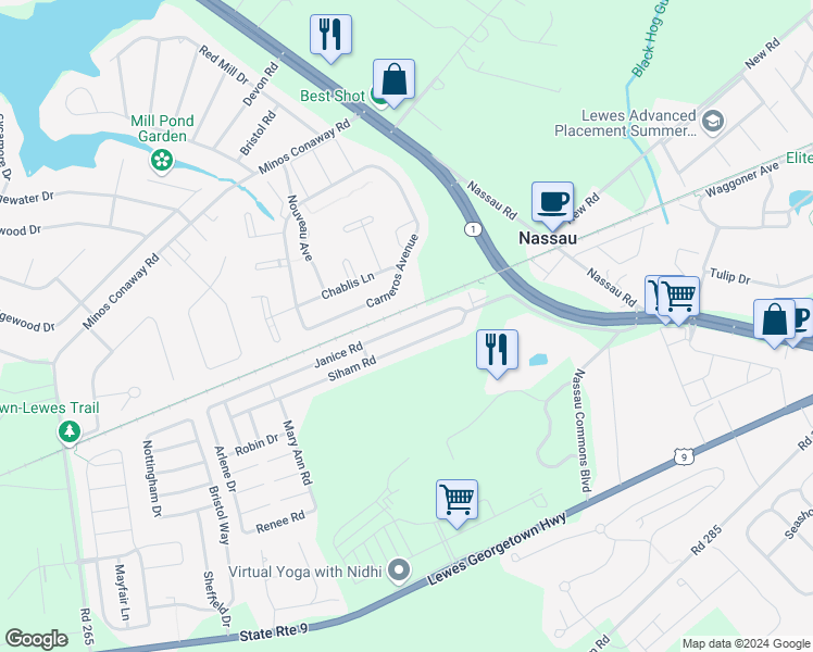 map of restaurants, bars, coffee shops, grocery stores, and more near 31773 Janice Road in Lewes