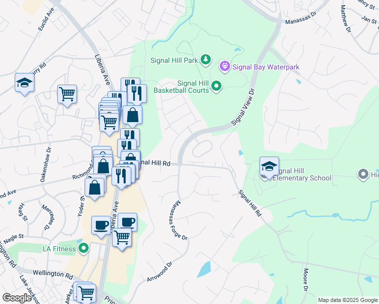 map of restaurants, bars, coffee shops, grocery stores, and more near 9516 Kimbleton Hall Loop in Manassas