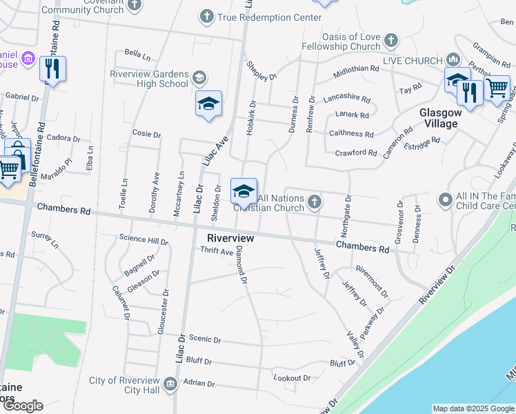 map of restaurants, bars, coffee shops, grocery stores, and more near 10037 Stimson Drive in St. Louis