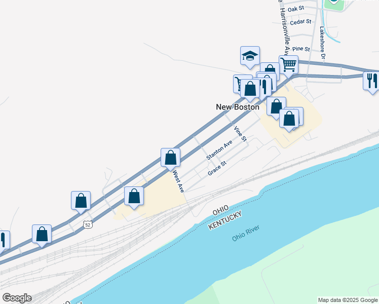 map of restaurants, bars, coffee shops, grocery stores, and more near 3743 Ohio River Scenic Byway in New Boston