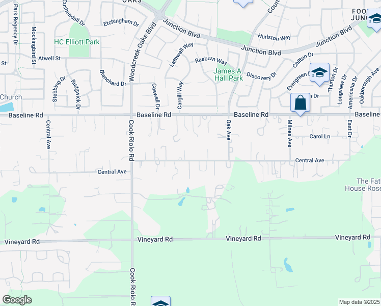 map of restaurants, bars, coffee shops, grocery stores, and more near 2740 Central Avenue in Roseville