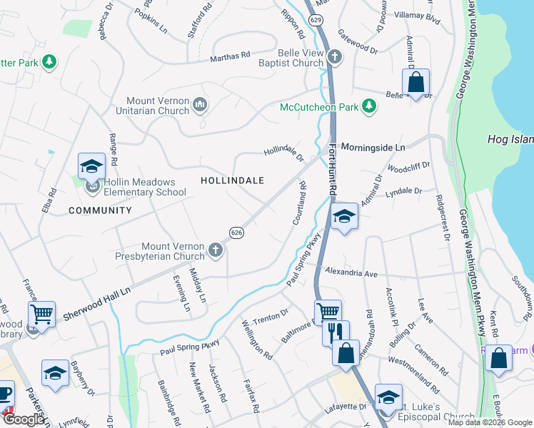 map of restaurants, bars, coffee shops, grocery stores, and more near 7700 Robinhood Court in Alexandria