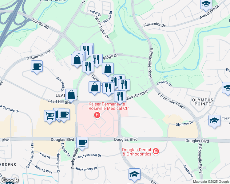 map of restaurants, bars, coffee shops, grocery stores, and more near 1555-1561 Eureka Road in Roseville