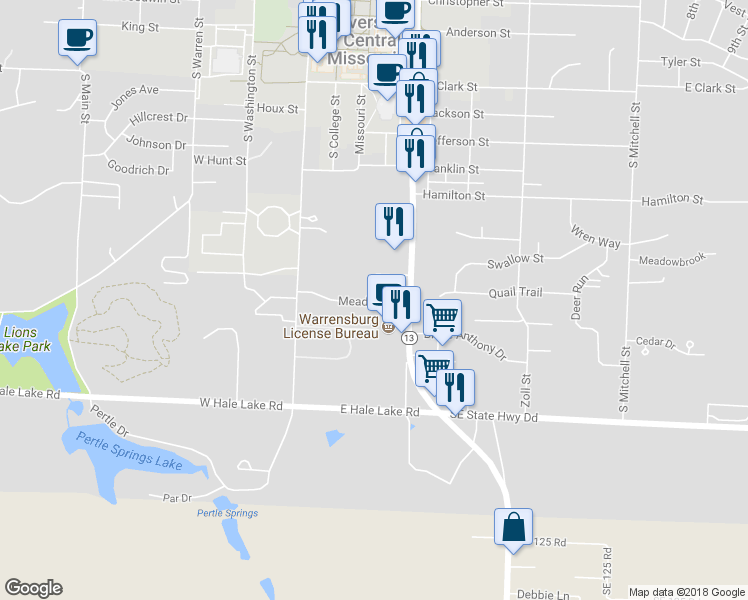 map of restaurants, bars, coffee shops, grocery stores, and more near 111 Meadow Lane in Warrensburg