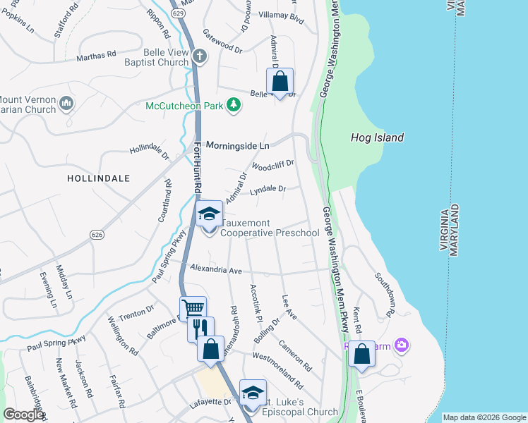 map of restaurants, bars, coffee shops, grocery stores, and more near 7613 Woodridge Circle in Alexandria