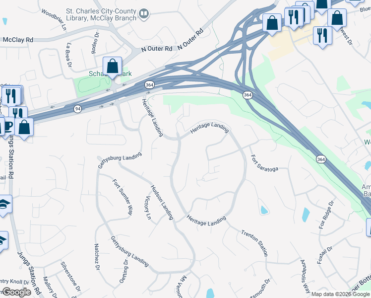 map of restaurants, bars, coffee shops, grocery stores, and more near 2774 Heritage Landing in Saint Charles