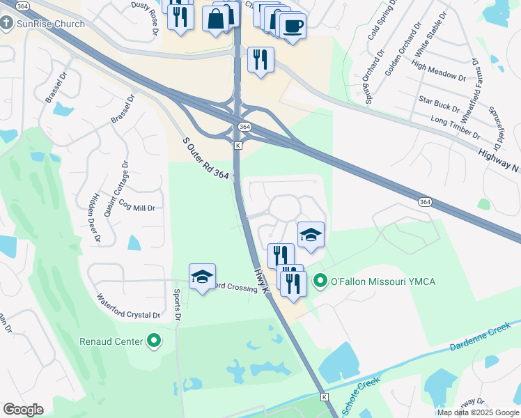 map of restaurants, bars, coffee shops, grocery stores, and more near 140 Pheasant Point Boulevard in O'Fallon