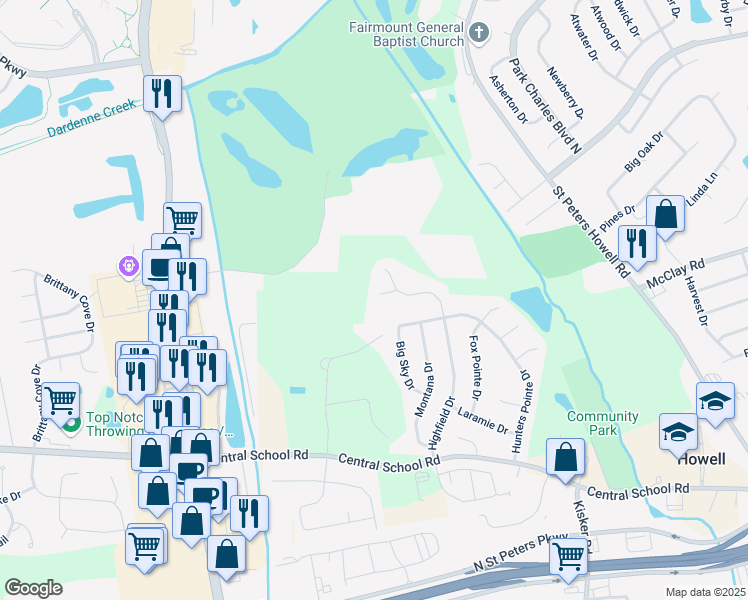 map of restaurants, bars, coffee shops, grocery stores, and more near 8 Highfield Court in Saint Charles