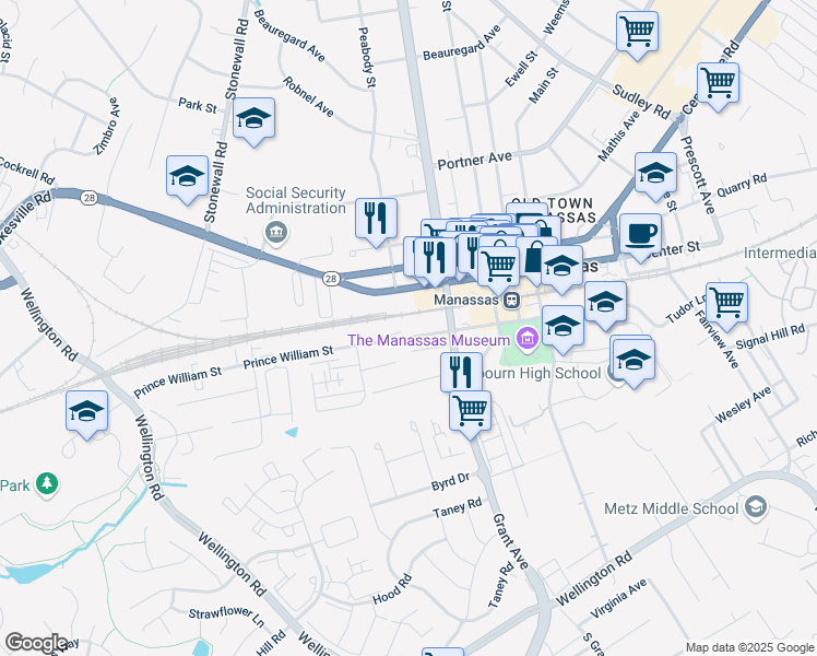 map of restaurants, bars, coffee shops, grocery stores, and more near 9218 Prince William Street in Manassas