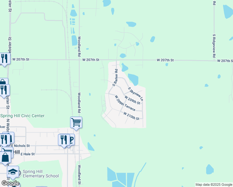 map of restaurants, bars, coffee shops, grocery stores, and more near 19472 West 209th Terrace in Spring Hill