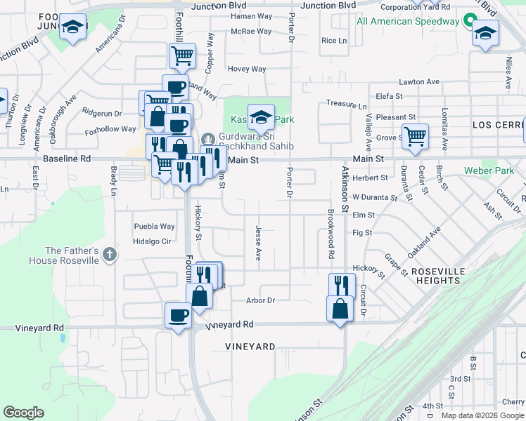 map of restaurants, bars, coffee shops, grocery stores, and more near 1312 Elm Street in Roseville
