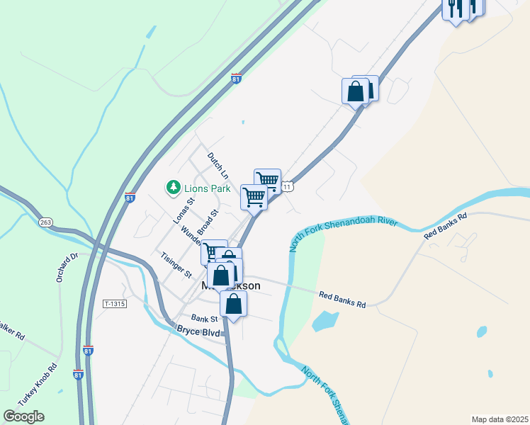 map of restaurants, bars, coffee shops, grocery stores, and more near 5820 Main Street in Mount Jackson