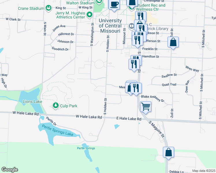 map of restaurants, bars, coffee shops, grocery stores, and more near 126 Meadow Lane in Warrensburg