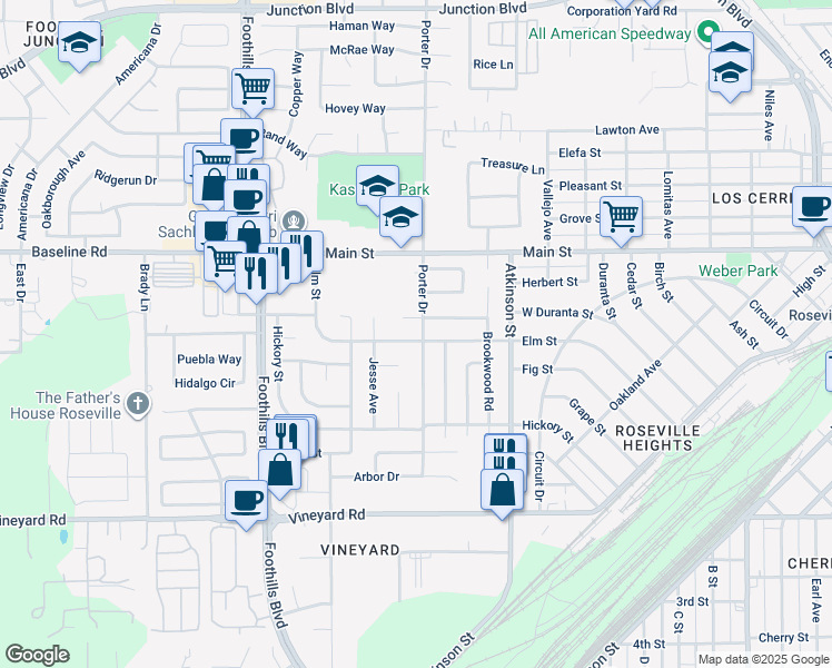 map of restaurants, bars, coffee shops, grocery stores, and more near 1300 Elm Street in Roseville