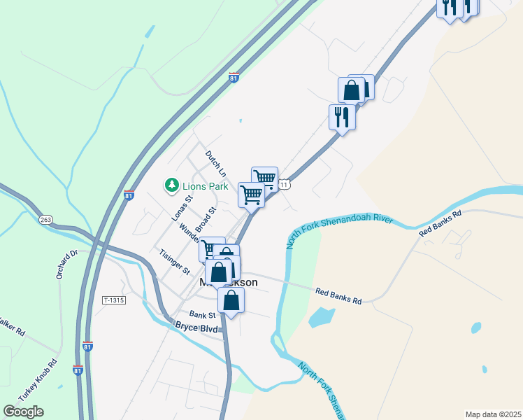 map of restaurants, bars, coffee shops, grocery stores, and more near 5820 Main Street in Mount Jackson