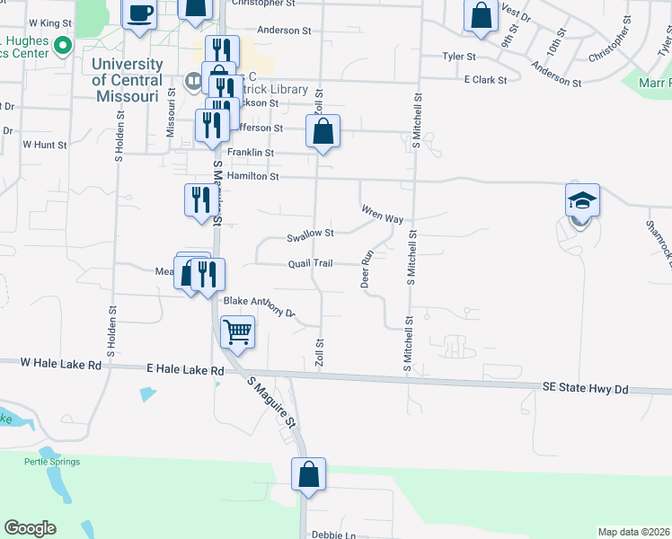 map of restaurants, bars, coffee shops, grocery stores, and more near 506 Quail Trail in Warrensburg