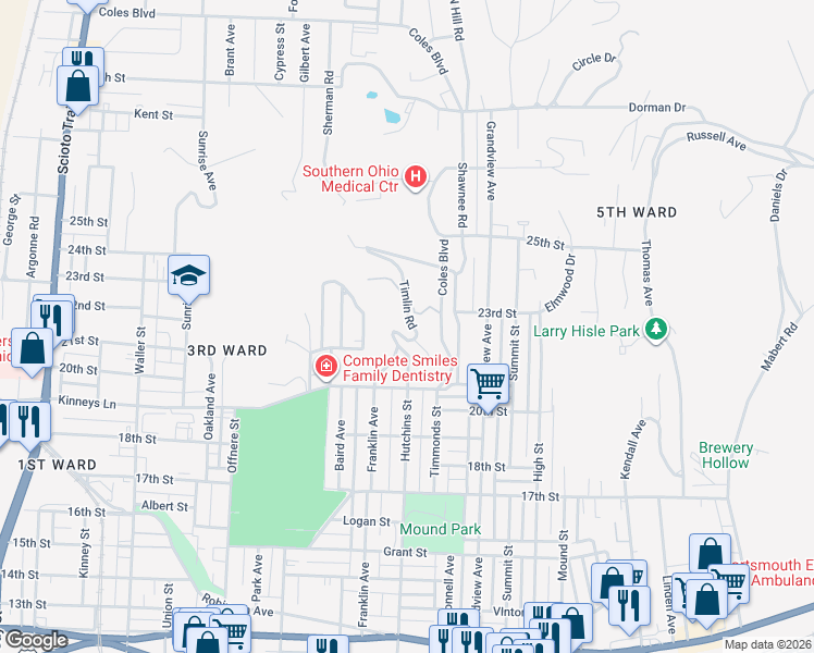 map of restaurants, bars, coffee shops, grocery stores, and more near 2221 Timlin Road in Portsmouth