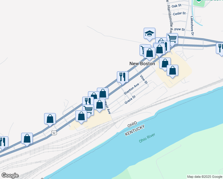 map of restaurants, bars, coffee shops, grocery stores, and more near 3743 Ohio River Scenic Byway in New Boston