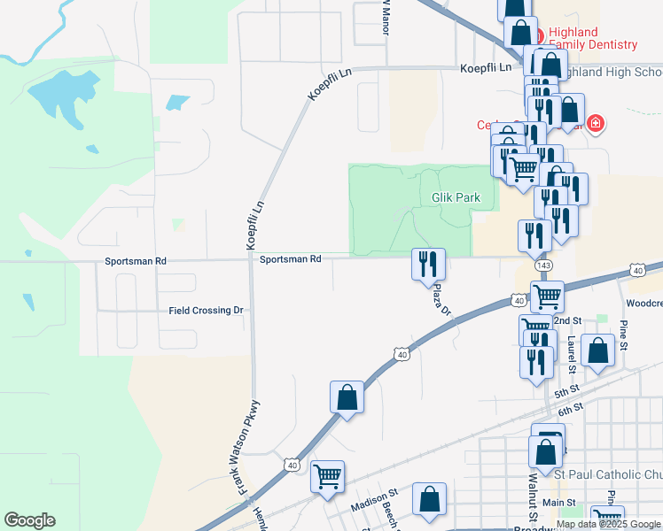 map of restaurants, bars, coffee shops, grocery stores, and more near 5 Crown Pointe Boulevard in Highland