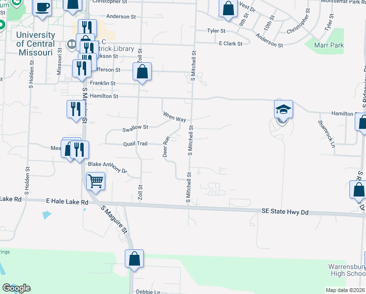 map of restaurants, bars, coffee shops, grocery stores, and more near 1004 South Mitchell Street in Warrensburg